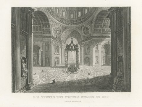 Interior of Saint Peter's, Rome, Antique View from Payne's Universum, circa 1850