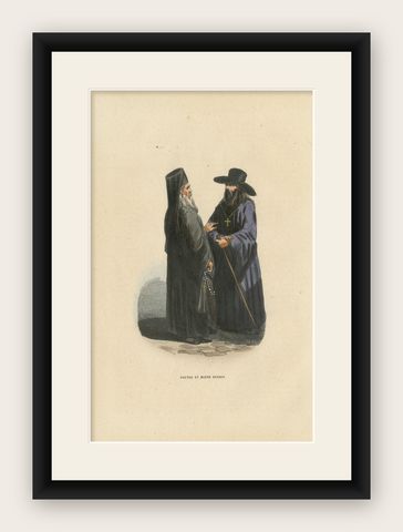 Russian Priest and Monk, Hand-Coloured Lithograph, c.1845, shown framed
