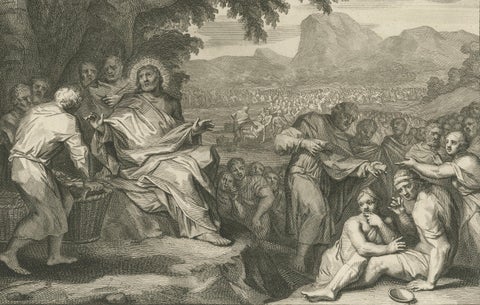Antique Religious Engravings, Christ Healing at Bethesda & Feeding 5000, c.1700, close-up 1