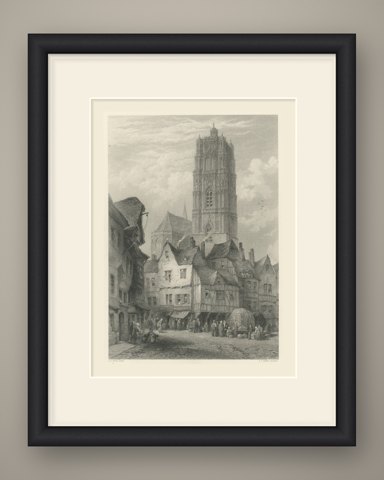 Cathedral at Rodez, France after L.J. Wood, Antique Steel Engraving, circa 1878, shown framed