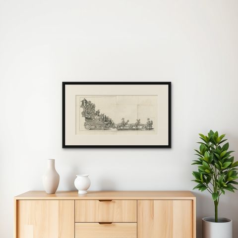 Rare Antique Religious Engraving of a Horse Drawn Float, 1775, shown framed on a wall, true to size