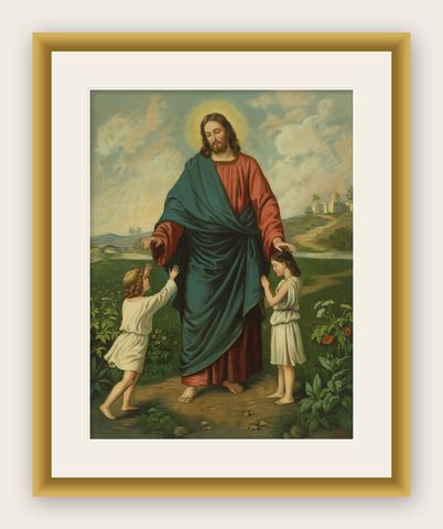 Antique Catholic Print of Jesus Blessing Children, Germany, c. 1890, shown framed
