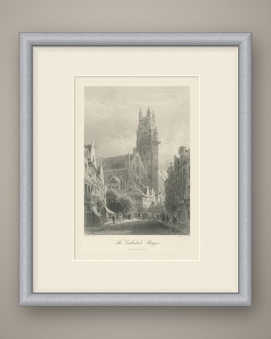 The Cathedral, Bruges, Antique Steel Engraving after E. George, circa 1878, shown framed