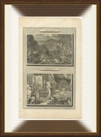 Angel Destroys the Assyrian Army and Hezekiah's Recovery, Mortier, circa 1700, shown framed