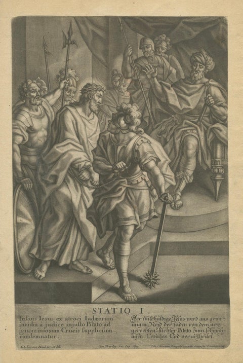 Statio I, Christ Condemned to Death, Antique Mezzotint, Late Baroque, close-up 3