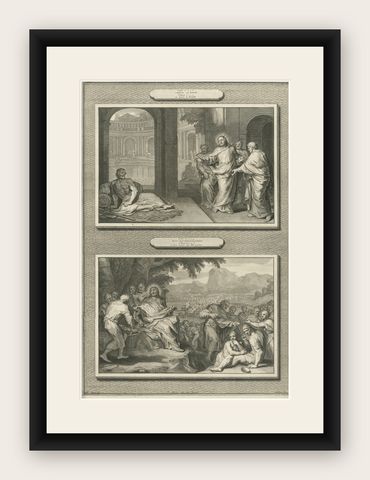 Antique Religious Engravings, Christ Healing at Bethesda & Feeding 5000, c.1700, shown framed
