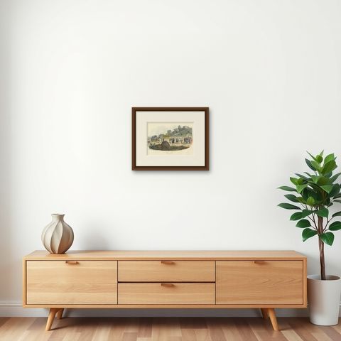 Antique Print of a Chinese Funeral, shown framed on a wall, true to size