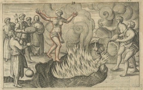 Early Depiction of Sati Ritual, Widow Burning on Pyre, Dutch Engraving c.1601, close-up 1