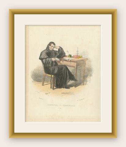 Conventuel, 1862 Hand-Colored Lithograph of a Conventual Franciscan Friar, shown framed
