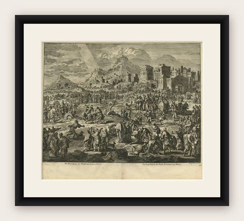 Antique Bible Print the Stoning of Saint Stephen by J. Luyken, 1743, shown framed