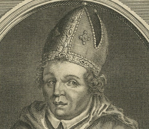 Saint Arno, Bishop of Metz, French Religious Engraving, circa 1670, close-up 5