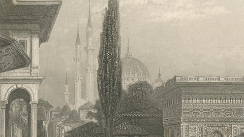 Antique Constantinople Street Scene Print, Ottoman Market Mosque View, c.1850, close-up 4