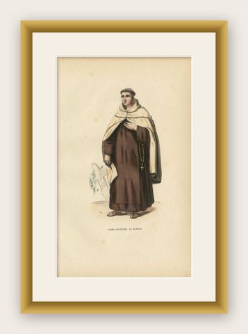 Antique Print of a Carmelite Monk wearing a Mantle, 1845, shown framed