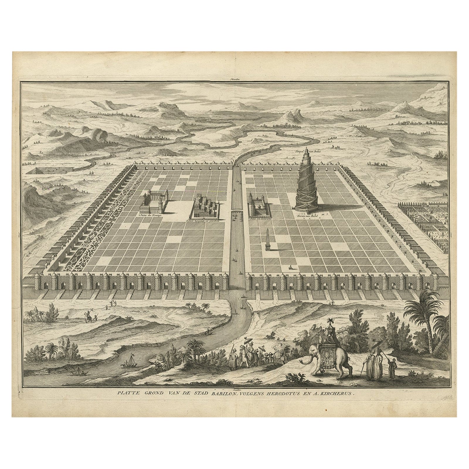 Ancient Babylon with The Tower of Babel According to Herodotus & Kircherus, 1730
