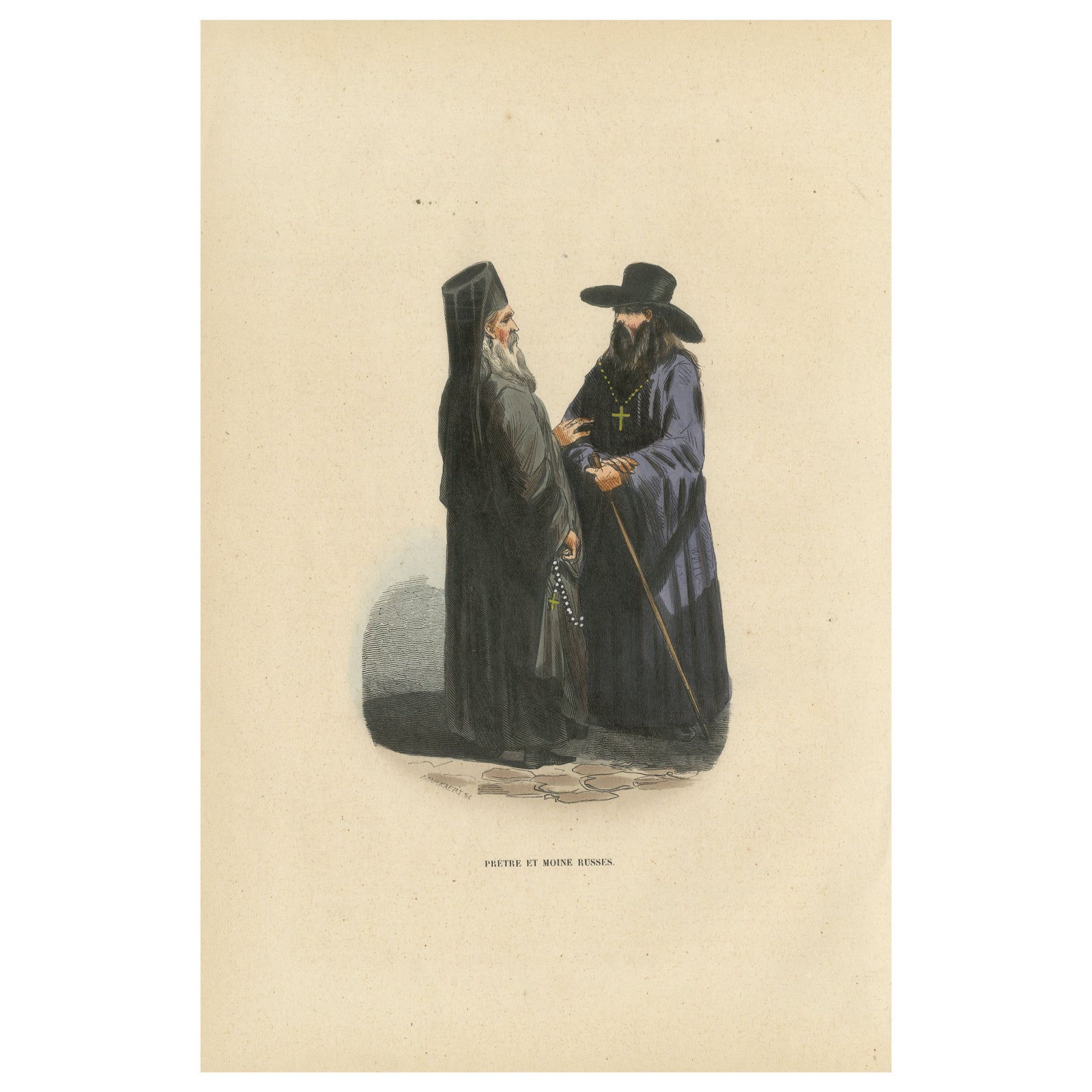 Russian Priest and Monk, Hand-Coloured Lithograph, c.1845