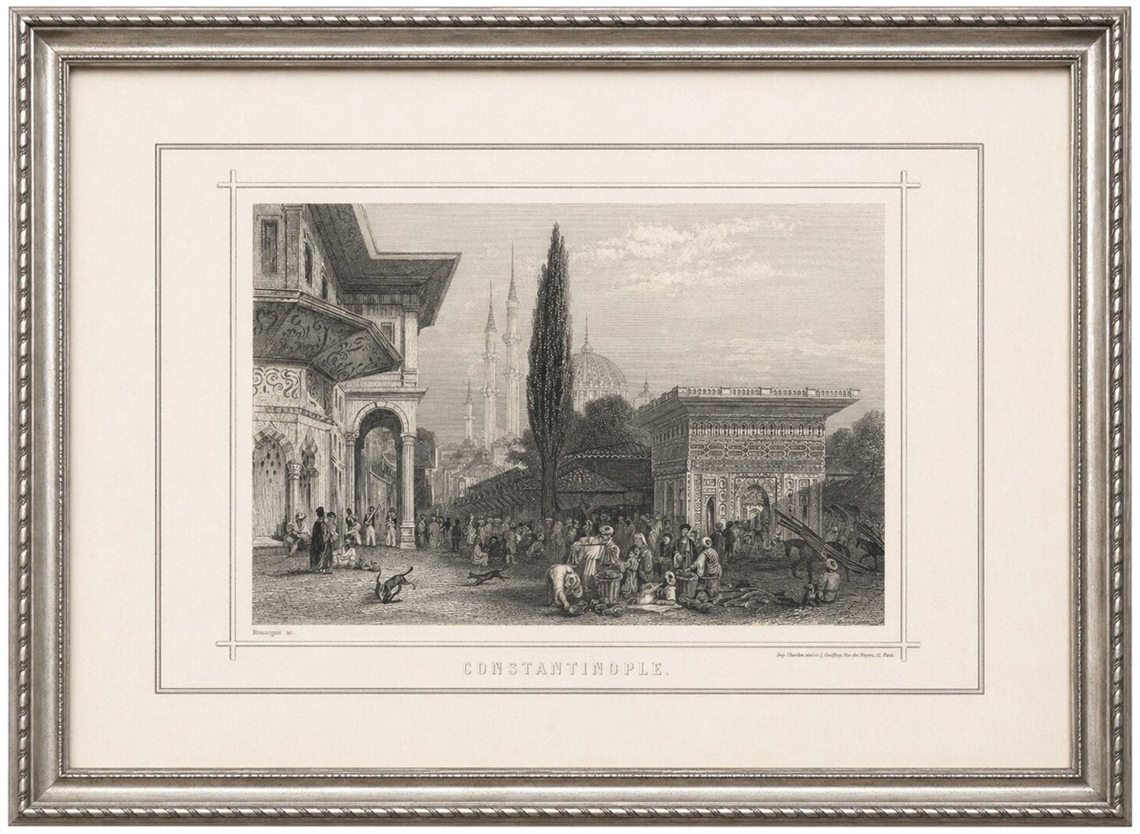 Antique Constantinople Street Scene Print, Ottoman Market Mosque View, c.1850