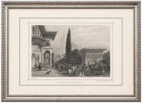 Antique Constantinople Street Scene Print, Ottoman Market Mosque View, c.1850