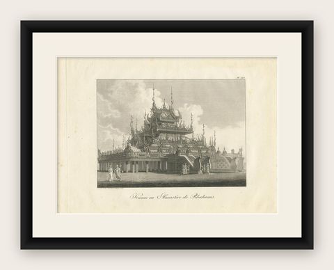 Antique Print of a Kioum or Buddhist Monastery in Burma by Symes '1800', shown framed