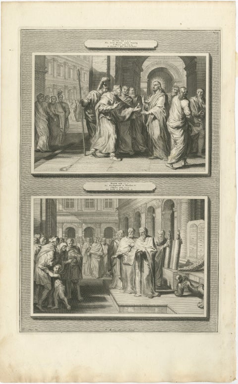 Antique Biblical Engravings, Tribute to Caesar & Reading of the Law, ca.1700, view 2