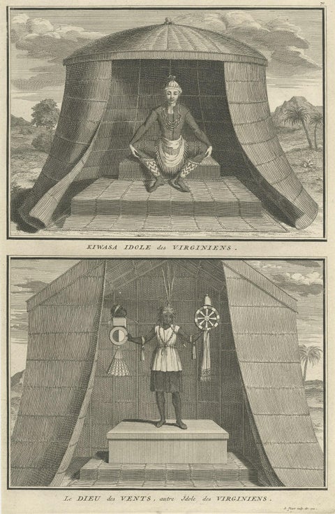 Engraving of Idols of Secotam Village in Virginia 'or now North Carolina', 1721, close-up 1