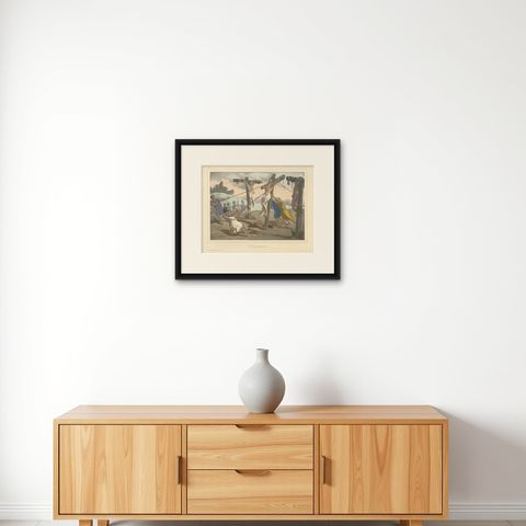 Antique Religious Print "No. 35" the Crucifixion of Jesus, circa 1840, shown framed on a wall, true to size