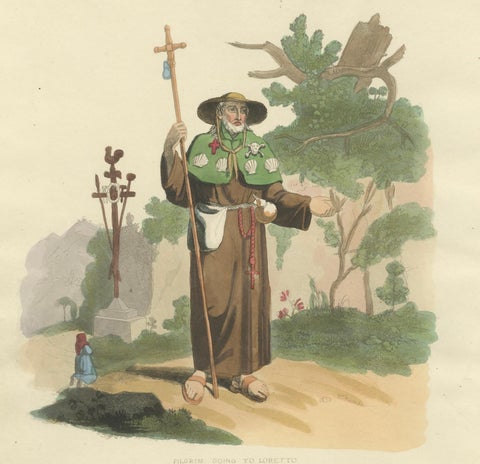 Pilgrim Going to Loretto in Italy, Hand-Coloured Print by R. Bridgens, 1835, close-up 3