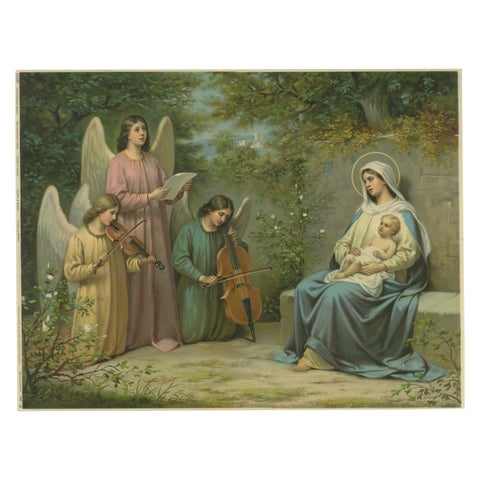 Virgin Mary with Christ Child & Angel Musicians, German Chromolithograph, 1900