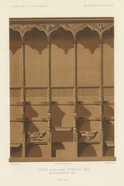 Choir Stalls of Saint Benoît sur Loire, Antique Print, 1851