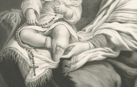 Madonna and Child with Rosary, Antique French Religious Print, c.1850, close-up 3