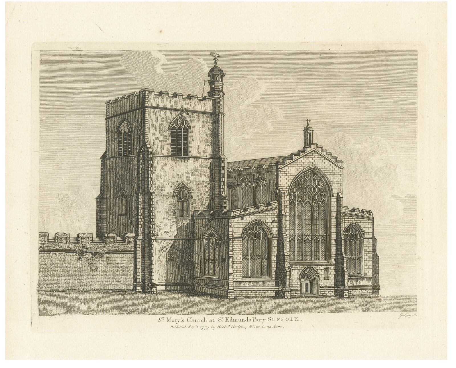 St Mary’s Church, Bury St Edmunds, Suffolk, Antique Engraving, 1779