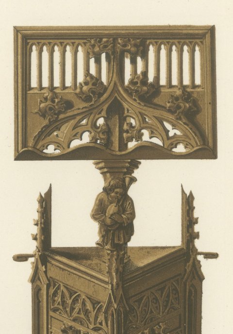 Carved Wooden Lectern at Aosta, Fifteenth Century, Antique Print, 1851, close-up 2