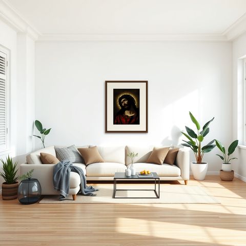 Ecce Homo, 1899 German Chromolithograph of Christ with Crown of Thorns (Dresden), shown framed in a room, true to size