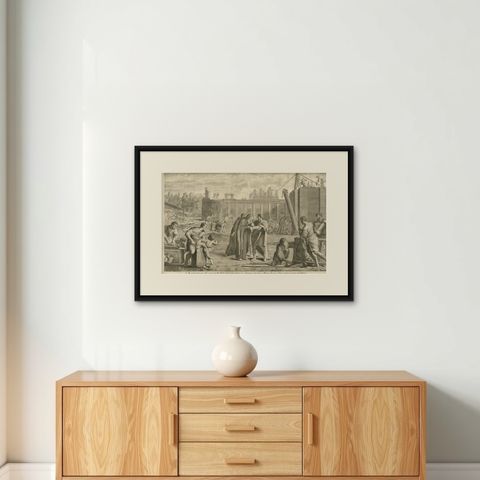 Rare Copper Engraved Plate of Bartholomew the Apostle Building a Temple, 1762, shown framed on a wall, true to size