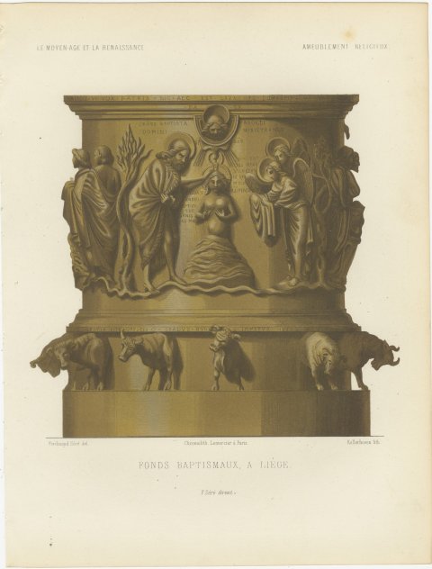 Baptismal Font at Liège, Antique Chromolithograph, Lacroix, 1851, view 2