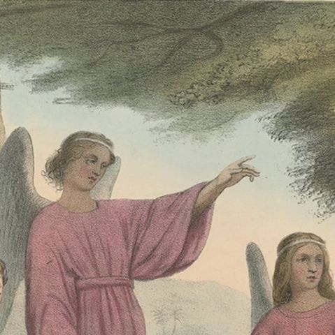 Old Print from the Old Testament the Vision of the Three Angels, ca.1840, close-up 2