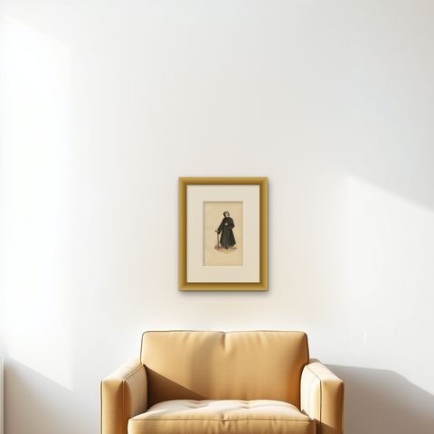 Antique Print of a Jacobite Monk, 1845, shown framed on a wall, true to size