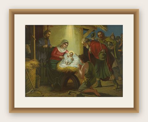 Birth of Jesus, Fine c.1900 German Nativity Chromolithograph (Original), shown framed