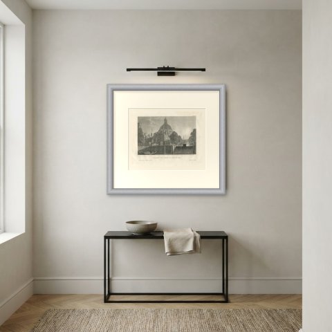 Singel and Round Lutheran Church, Amsterdam, Antique Steel Engraving, c. 1835, shown framed on a wall, true to size