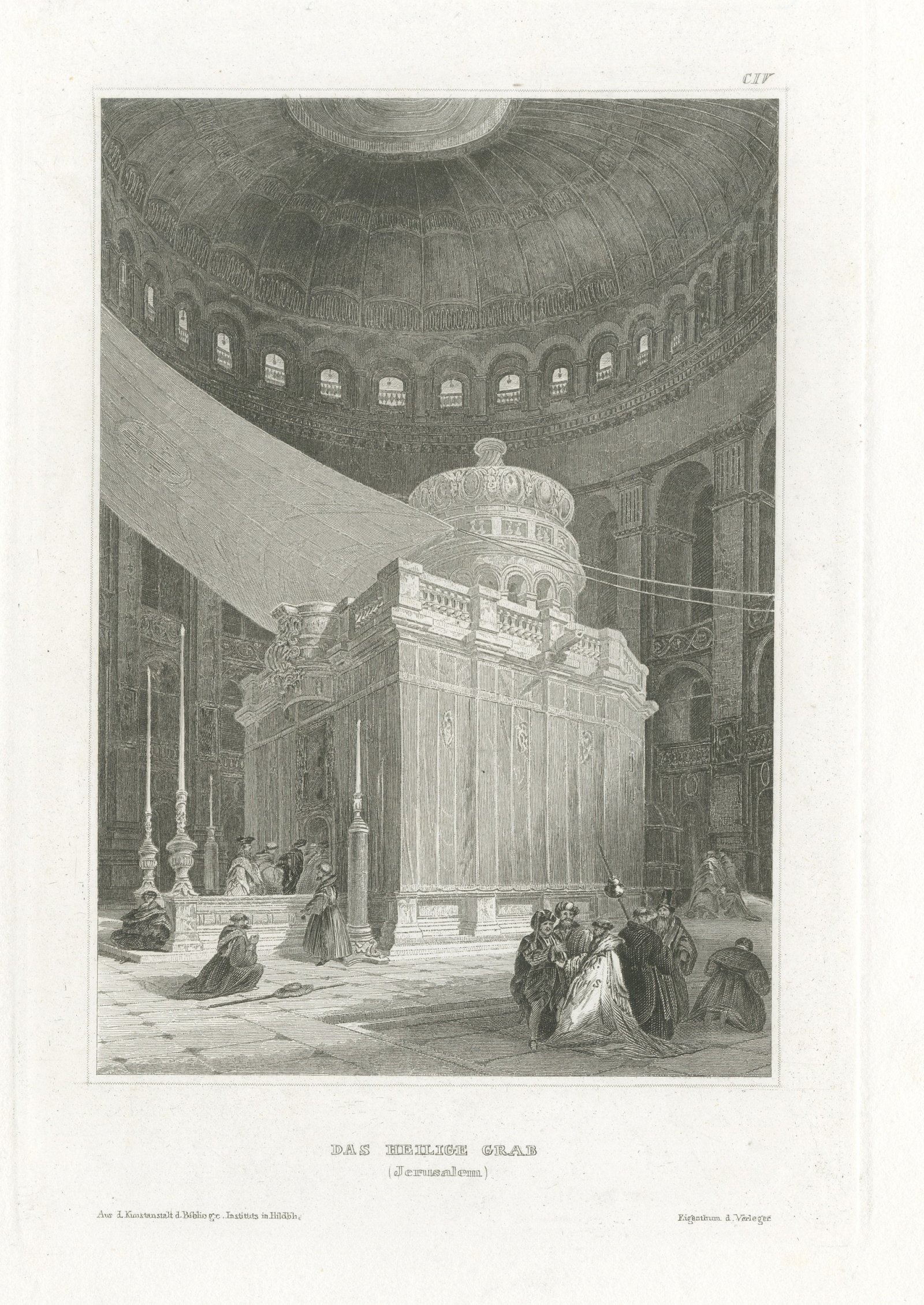 The Holy Sepulchre, Jerusalem, Antique Interior View of the Rotunda, circa 1850