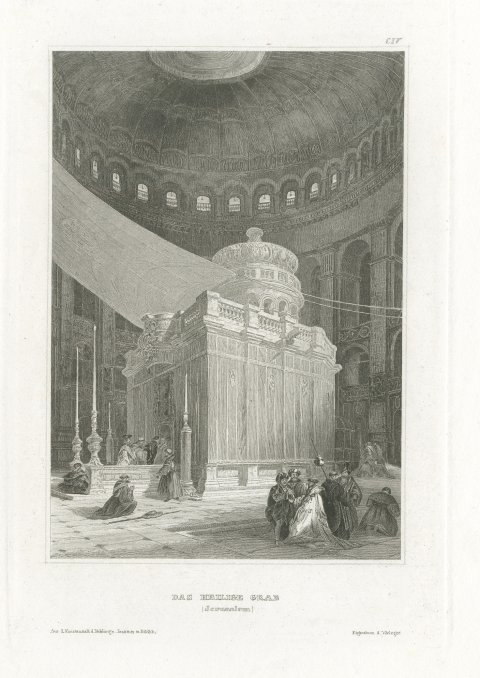 The Holy Sepulchre, Jerusalem, Antique Interior View of the Rotunda, circa 1850