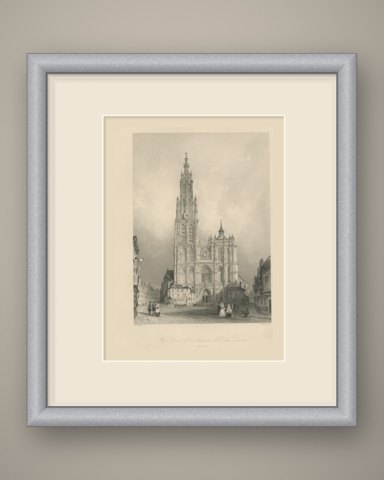 West Front of Antwerp Cathedral, Antique Engraving after Allom, circa 1850, shown framed