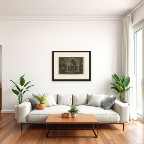 Antique Print with Inside View of Magdalen Chapel, Winchester, Hampshire, 1790, shown framed in a room, true to size