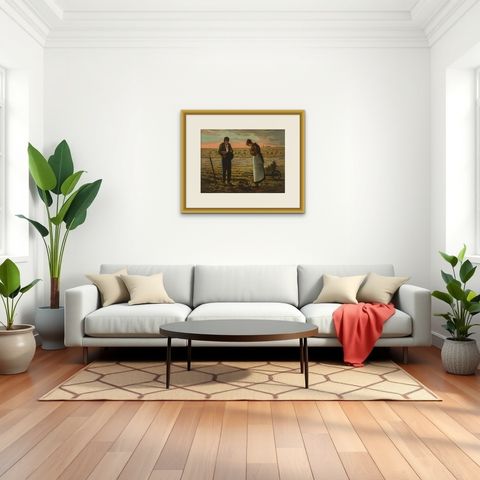 The Angelus at Sunset, After Millet, Antique European Chromolithograph, c.1900, shown framed in a room, true to size