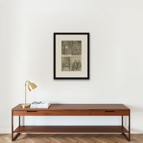 Mexican Gods and Priests, 1734 Engraving of Aztec Deities and Religious Ritual, shown framed on a wall, true to size