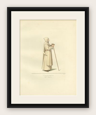 Visions of Solitude: Handcolored Antique Print of a 14th-Century Carthusian Monk, shown framed