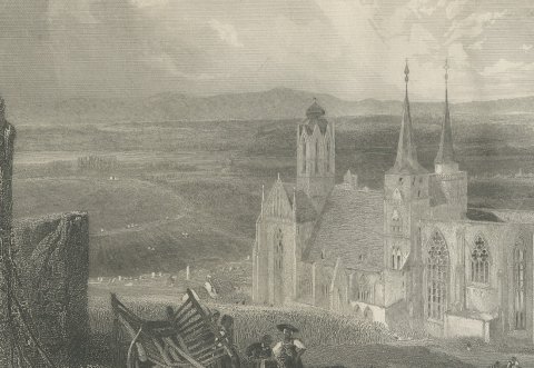 Oppenheim on the Rhine, Antique Steel Engraving after Birket Foster, c. 1872, close-up 1