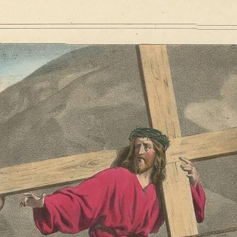 Antique Religious Print "No. 34" Jesus Carrying the Cross, circa 1840, close-up 1