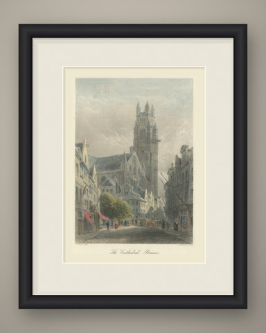 The Cathedral, Bruges, Hand Colored Steel Engraving after E. George, circa 1878, shown framed