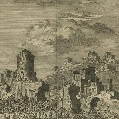 Antique Bible Print Rebuilding Jerusalem, 1743, close-up 1