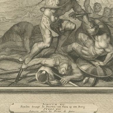 Samson with the Jawbone and Samson Carries the Gates of Gaza, Mortier circa 1700, close-up 2